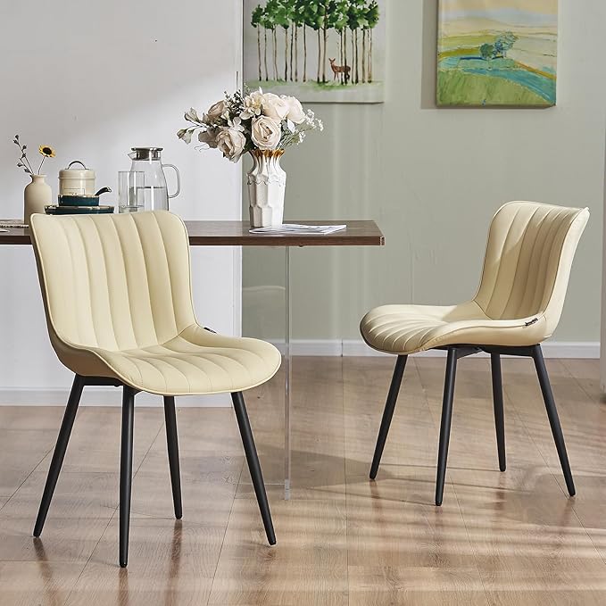 YOUNUOKE Beige Dining Chairs Set of 2 Upholstered Mid Century Kitchen Chairs Armless Faux Leather Modern Side Chair with Padded Backs Metal Legs for Living Room Bedrooms - LeafyLoom