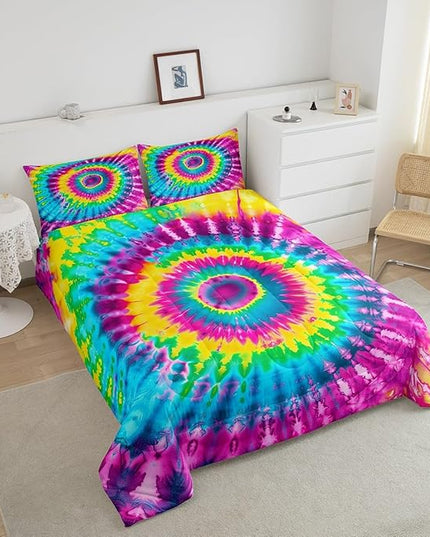 2 Piece Rainbow Tie Dye Comforter Set with 1 Pillowcase Boho Psychedelic Bedding Set for Kids Girls Teens Bohemian Gypsy Exotic Spiral Quilted Duvet Soft Comfy, Watercolor Art Down Comforter,Twin - LeafyLoom