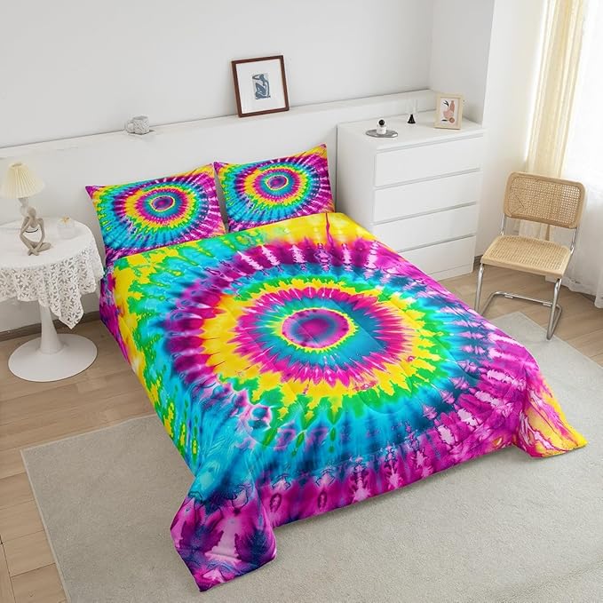 2 Piece Rainbow Tie Dye Comforter Set with 1 Pillowcase Boho Psychedelic Bedding Set for Kids Girls Teens Bohemian Gypsy Exotic Spiral Quilted Duvet Soft Comfy, Watercolor Art Down Comforter,Twin - LeafyLoom