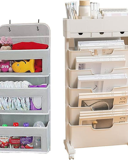 6-Tier Mobile Bookshelf with Wheels,Open Bookshelf and Over the Door OrganizerPack of 2, Door Hanging Organizer Storage, Miscellaneous Items Storage Rack Display Rack for Living Room(White and gray) - LeafyLoom