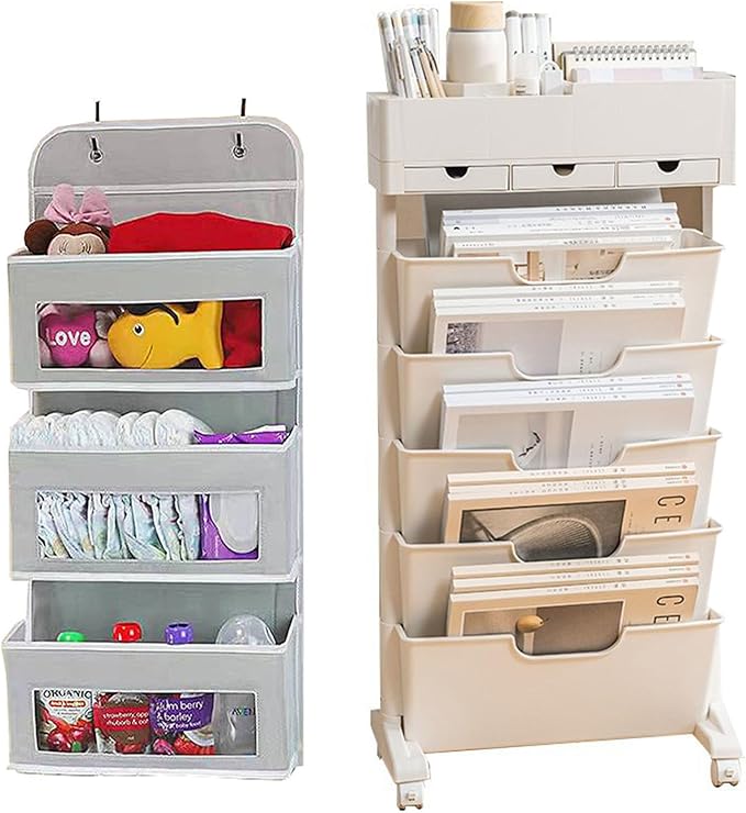 6-Tier Mobile Bookshelf with Wheels,Open Bookshelf and Over the Door OrganizerPack of 2, Door Hanging Organizer Storage, Miscellaneous Items Storage Rack Display Rack for Living Room(White and gray) - LeafyLoom