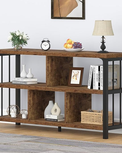 IBF Farmhouse 3 Tier Open Book Shelf, Wood and Metal 5 Cube Storage Organizer, Modern Low Horizontal Bookshelf for Bedroom Living, Long Wide Office Cubby Bookcase with Storage, Rustic Brown, 47 Inch - LeafyLoom
