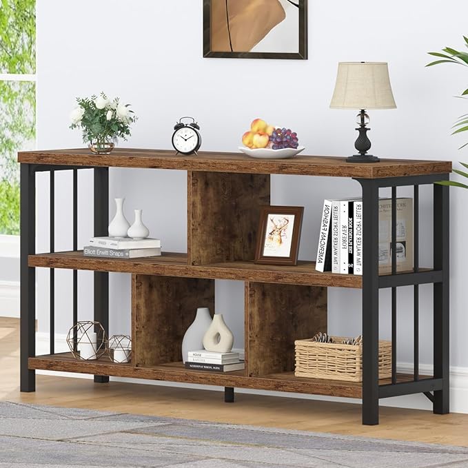 IBF Farmhouse 3 Tier Open Book Shelf, Wood and Metal 5 Cube Storage Organizer, Modern Low Horizontal Bookshelf for Bedroom Living, Long Wide Office Cubby Bookcase with Storage, Rustic Brown, 47 Inch - LeafyLoom