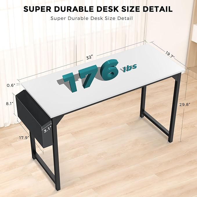 JHK Computer Small Desk Office 32 Inch Writing Work Kids Study Simple Wooden Table for Home Bedroom Modern Style with Headphone Hooks & Storage Bag, White - LeafyLoom