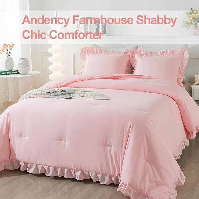 Andency Pink Ruffle Comforter Set Twin, 2 Pieces Kids Comforter Set Twin(66x90Inch), Lightweight Soft Girls Shabby Chic Bedding Comforter Set All Season Bed Set - LeafyLoom