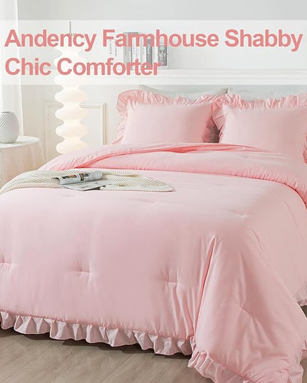 Andency Pink Comforter Set Queen Size, 3 Pieces Solid Pink Ruffle Shabby Chic Comforter Set for Queen Bed, All Season Vintage Rustic Soft Microfiber Bedding Set for Women Girls - LeafyLoom