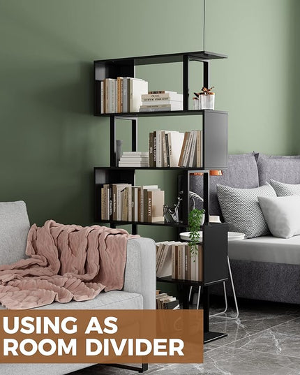 Gadroad 5-Tier Geometric Bookcase,S Shaped Bookshelf, Wood Decorative Storage Shelving, Modern Freestanding Display Shelves, Tall Book Shelf Unit for Living Room Bedroom, Black - LeafyLoom