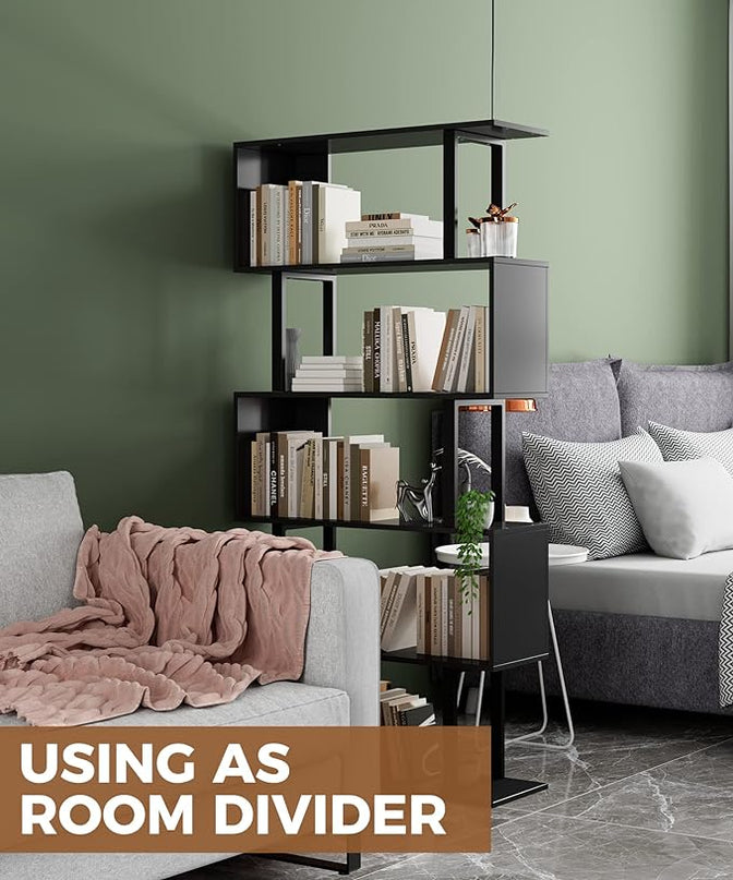 Gadroad 5-Tier Geometric Bookcase,S Shaped Bookshelf, Wood Decorative Storage Shelving, Modern Freestanding Display Shelves, Tall Book Shelf Unit for Living Room Bedroom, Black - LeafyLoom
