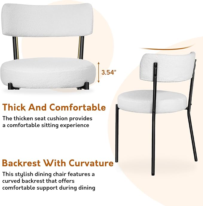 Boucle Dining Chairs Set of 2, Mid Century Dining Chairs with Metal Legs, Round Upholstered Sherpa Kitchen Dining Room Chairs Curved Backrest for Dining Room, Living Room, Kitchen,Black and White - LeafyLoom
