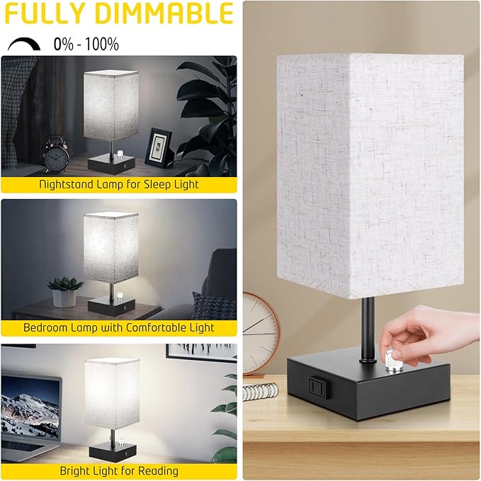 Fully Dimmable Table Lamps Set of 2,Small Table Lamp for Bedroom Kids Room, Bedside Lamp with USB C + A Ports & AC Outlet, Square Beige Fabric Shade Black Metal Base(LED Blubs Included). - LeafyLoom
