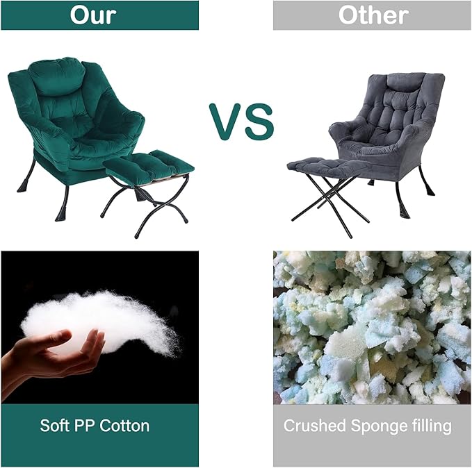 LITA Lazy Chair with Ottoman, Modern Accent Leisure Upholstered Sofa Chair, Contemporary Lounge Reading Chair with Armrests and a Side Pocket for Living Room, Bedroom & Small Space, Dark green - LeafyLoom
