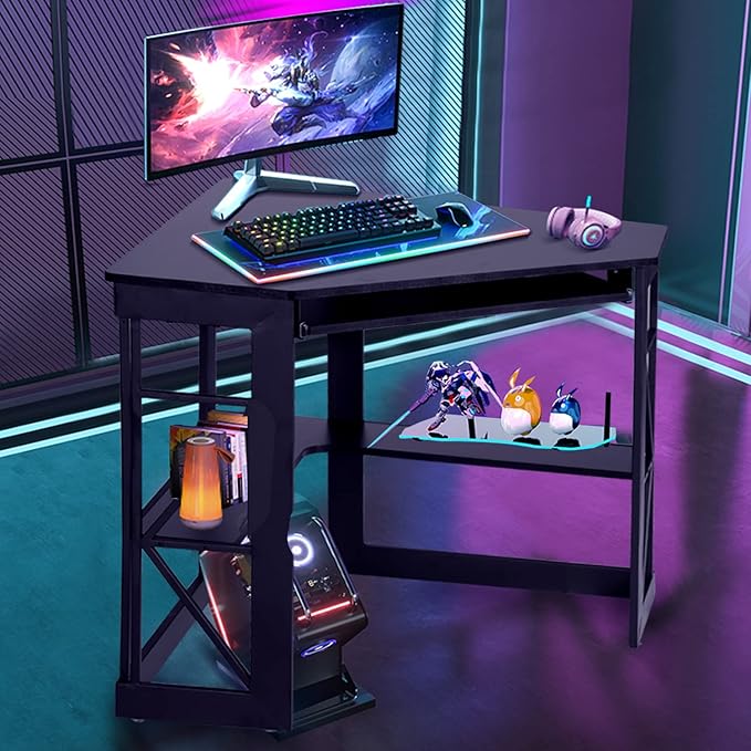 VECELO Corner Computer Desk 41 x 30 inches with Smooth Keyboard & Storage Shelves for Home Office Workstation, Black - LeafyLoom