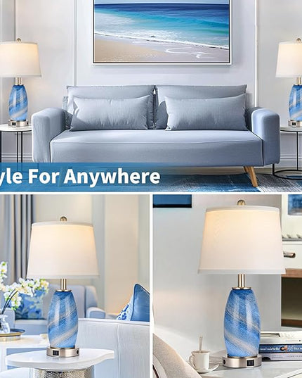 Table Lamps Set of 2, 3-Way Lighting Modes Modern Table Lamps for Bedroom, Blue Bedside Lamps with USB C+A, Glass Nightstand Lamps, 23.5" Table Lamps for Living Room Bedroom Decoration - LeafyLoom