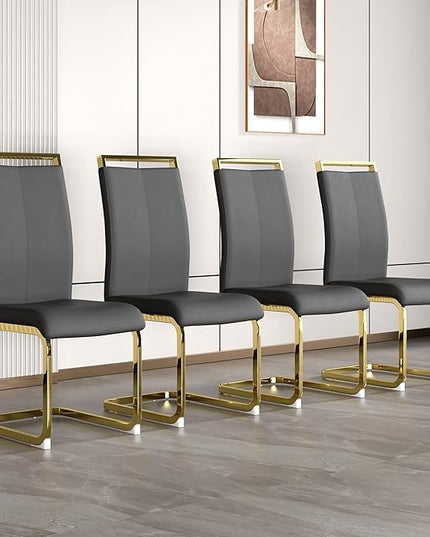 Modern Dining Chairs Set of 4, Side Dining Room Chairs with Gold Frame, Kitchen Chairs with Faux Leather Padded Seat High Back, Chairs for Dining Room, Kitchen, Living Room Dark Grey - LeafyLoom
