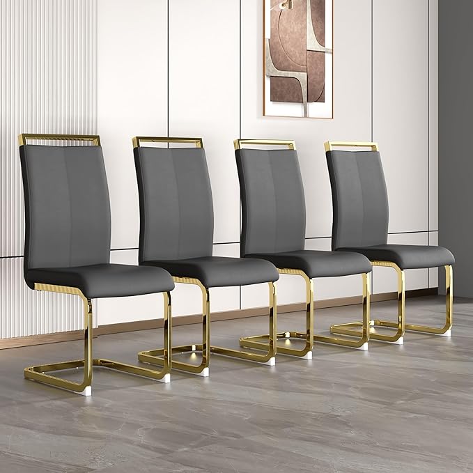 Modern Dining Chairs Set of 4, Side Dining Room Chairs with Gold Frame, Kitchen Chairs with Faux Leather Padded Seat High Back, Chairs for Dining Room, Kitchen, Living Room Dark Grey - LeafyLoom