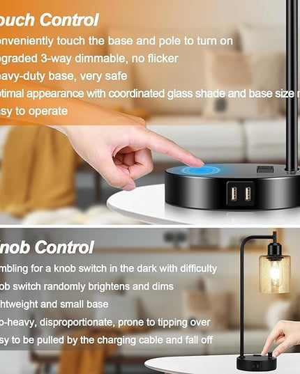 Set of 2 Industrial Touch Control Table Lamps with 2 USB Ports and AC Outlet - 3-Way Dimmable Black Bedside Lamps Nightstand Desk Lamps for Bedroom Living Room, Glass Shade & 2 LED Bulbs Included - LeafyLoom