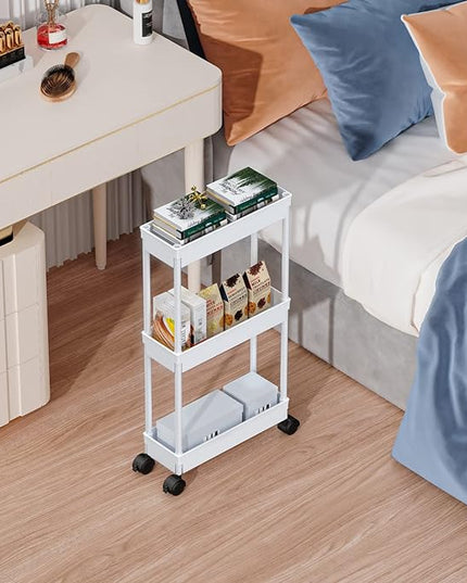 Sooyee 3 Tier Rolling Cart with Wheels,Slim Storage Cart,Narrow Storage Cabinet,Under Desk Storage,Rolling Utility Cart Storage Organizer for Office Bathroom Kitchen Laundry Room Narrow Places, White - LeafyLoom