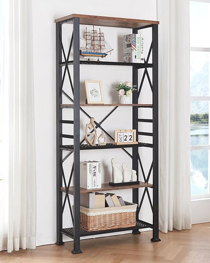 HOMBAZAAR Bookshelf, 6-Tier Industrial Bookshelf, Etagere Bookcases and Bookshelves, Tall Bookshelf Storage Organizer, Freestanding Bookshelf for Living Room, Bedroom and Home Office, Brown - LeafyLoom