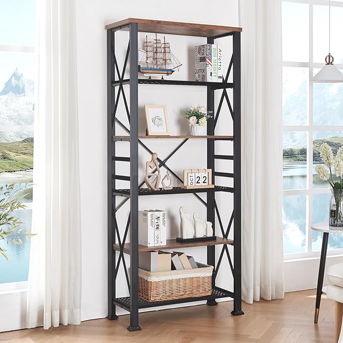 HOMBAZAAR Bookshelf, 6-Tier Industrial Bookshelf, Etagere Bookcases and Bookshelves, Tall Bookshelf Storage Organizer, Freestanding Bookshelf for Living Room, Bedroom and Home Office, Brown - LeafyLoom