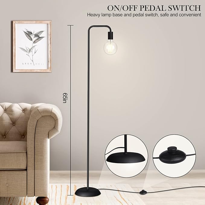 QiMH Industrial Floor Lamp with Light Bulb,Metal Tall Standing Lamp,Tall Modern Black Led Floor Lamp for Home Decor,Bedroom,Reading,Office - LeafyLoom