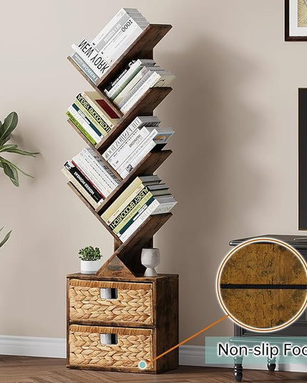 Vagusicc 6 Tier Tree Bookshelf, Modern Floor Standing Bookcase with Storage Drawer, Space Saving Storage Organizer Book Shelves for Books, Tall Wood Storage Rack for Bedroom/Living Room/Home Office - LeafyLoom