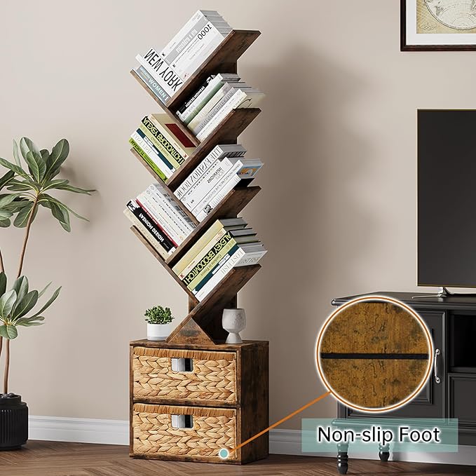 Vagusicc 6 Tier Tree Bookshelf, Modern Floor Standing Bookcase with Storage Drawer, Space Saving Storage Organizer Book Shelves for Books, Tall Wood Storage Rack for Bedroom/Living Room/Home Office - LeafyLoom