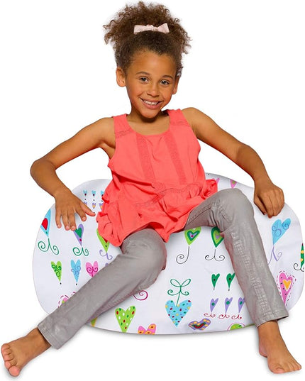 Posh Creations Bean Bag Chair for Kids, Teens, and Adults Includes Removable and Machine Washable Cover, Canvas Multi-Colored Hearts on White, 27in - Medium - LeafyLoom
