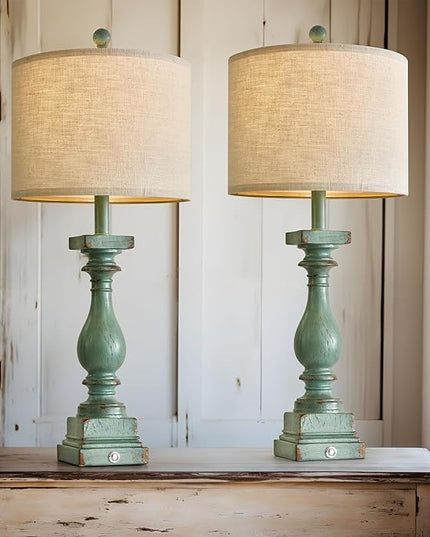 BOBOMOMO Retro 27" USB Charging Ports A/C 3 Way Dimmable Touch Control Green Farmhouse Lamps Set of 2 for Bedrooms Retro Side Table Lamps Bedside Lamp for Side Nightstand Living Room(Bulb Included) - LeafyLoom