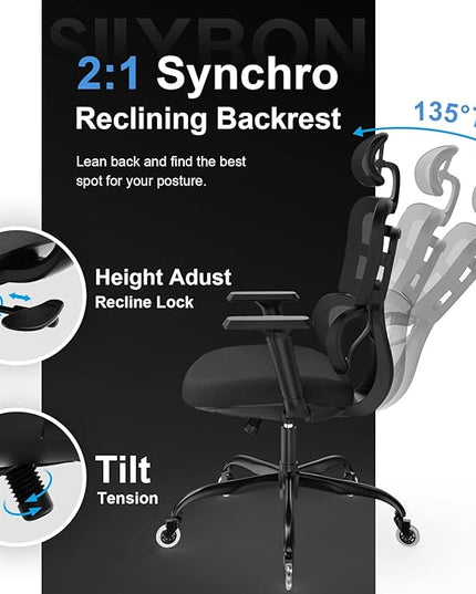 Ergonomic Office Chair - Mesh Office Chair High Back, Rolling Desk Chair, Executive Swivel Chair, Computer Chair with 3D Adjustable Armrest, 3D Lumbar Support, Blade Wheels, Adjustable Headrest - LeafyLoom