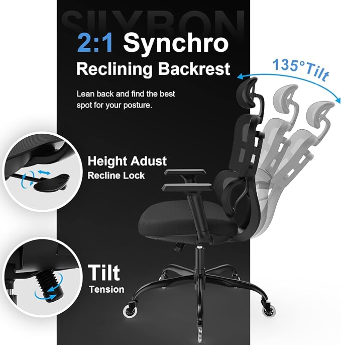 Ergonomic Office Chair - Mesh Office Chair High Back, Rolling Desk Chair, Executive Swivel Chair, Computer Chair with 3D Adjustable Armrest, 3D Lumbar Support, Blade Wheels, Adjustable Headrest - LeafyLoom