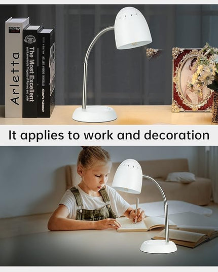 Eye-Caring Table Lamp of Simple Designs Home E26 Led Screw Basic Metal Desk Lamp with Flexible Gooseneck Hose Neck Study Lamp for Bedroom Office Living Room Convenient On/Off Switch(White) - LeafyLoom