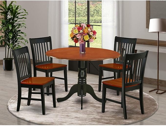 East West Furniture Dublin 5 Piece Dining Set for 4 Includes a Round Kitchen Table with Dropleaf and 4 Dinette Chairs, 42x42 Inch, DLNO5-BCH-W - LeafyLoom