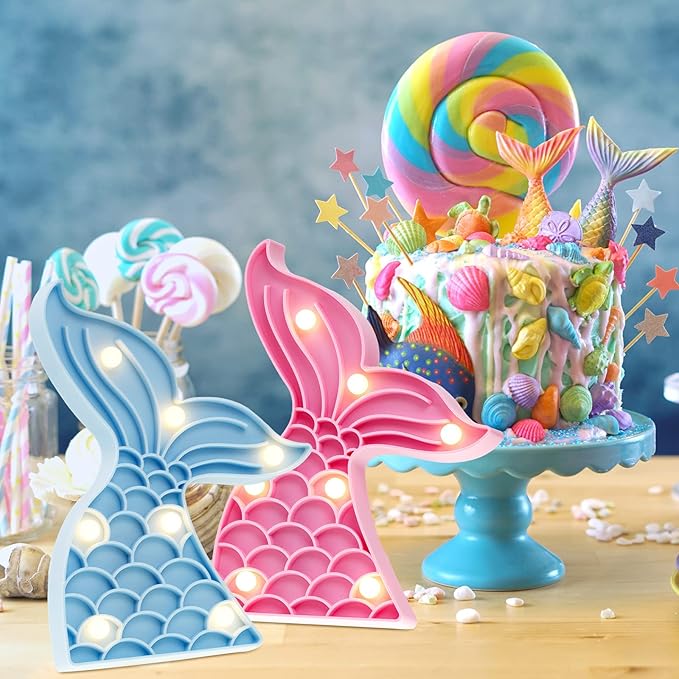 4 Pcs Cute Mermaid Tail Night Light Mermaid Party Supplies Birthday Party Decor Mermaid Lamp Battery Operated LED Light for Table Wall Bedrooms Living Room for Girl Boy Kid Gifts, 4 Colors - LeafyLoom