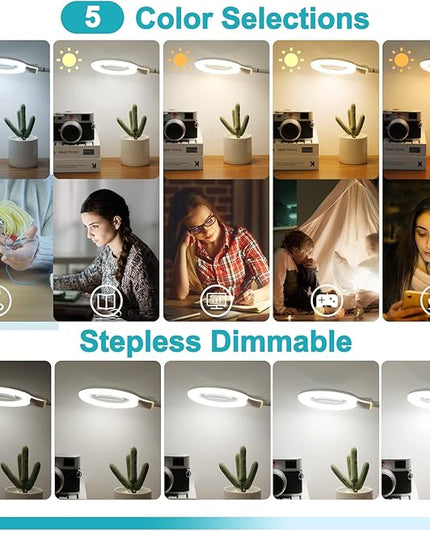 8X Magnifying Glass with Light and Clamp, 5 Color Modes Stepless Dimmable Lighted Magnifier with Stand, Flexible Gooseneck LED Desk Lamp Hands Free for Craft Painting Hobby Close Work - White - LeafyLoom