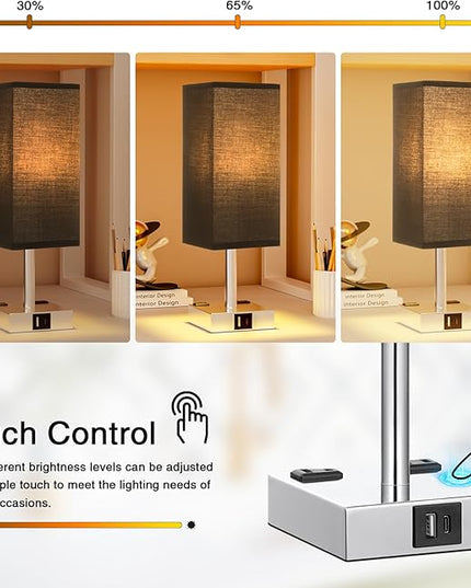 Touch Bedside Table Lamp For Nightstand - 3-Way Dimmable Night Lamp with USB A + Type C Charging Ports and two AC Outlets, Small Desk Light with E26 LED Bulb for Bedroom Living Room Dorm Office,BLACK - LeafyLoom