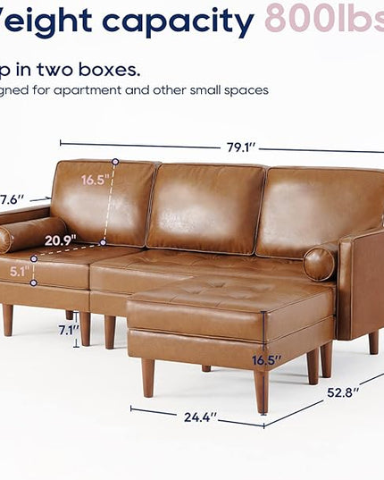 Vonanda Sectional Couch Sofa, L Shaped Couch Leather Sofa with Reversible Chaise and Bolster Pillows, Faux Leather Couch Small Couches for Living Room, Apartment and Small Space, Caramel - LeafyLoom