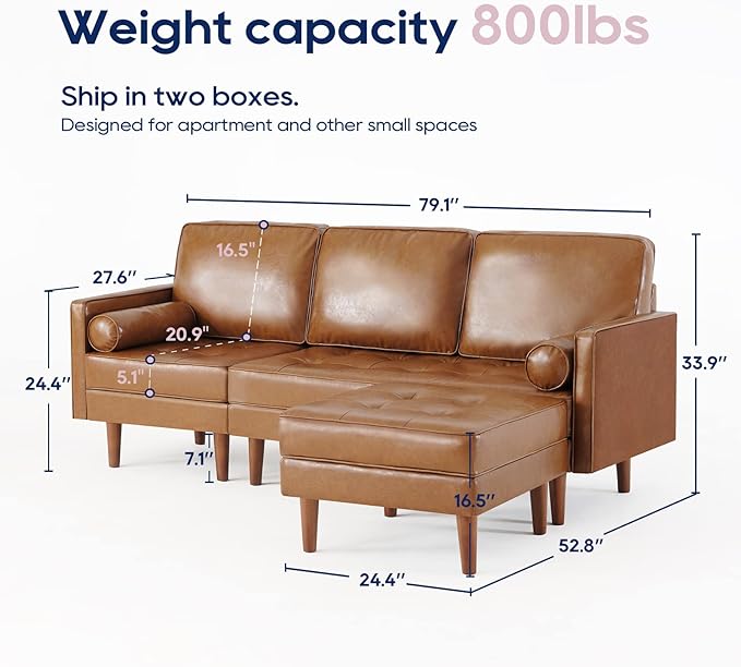 Vonanda Sectional Couch Sofa, L Shaped Couch Leather Sofa with Reversible Chaise and Bolster Pillows, Faux Leather Couch Small Couches for Living Room, Apartment and Small Space, Caramel - LeafyLoom