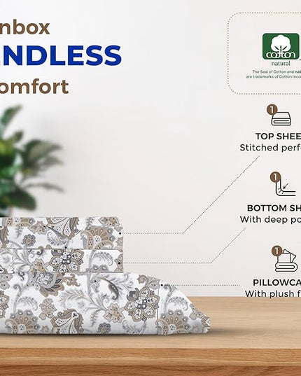 THREAD SPREAD 100% Egyptian Cotton Printed Bed Sheets - 600 Thread Count 3 PC Twin Sheet Set, Hotel Luxury Sateen Bedsheets, 16" Deep Pocket Soft Cooling Sheets for Twin Size Bed - Floral Ivory - LeafyLoom