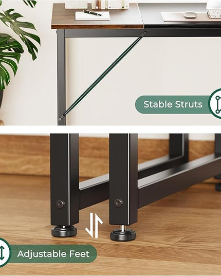 Computer Desk, 70 Inch Office Desk, Gaming Desk with Storage, Writing Desk Work Desk for Home Office, Study, Long Simple Desk, Large Legroom, Metal Frame, Rustic Brown and Black - LeafyLoom