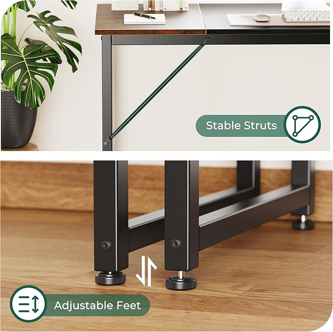 Computer Desk, 70 Inch Office Desk, Gaming Desk with Storage, Writing Desk Work Desk for Home Office, Study, Long Simple Desk, Large Legroom, Metal Frame, Rustic Brown and Black - LeafyLoom