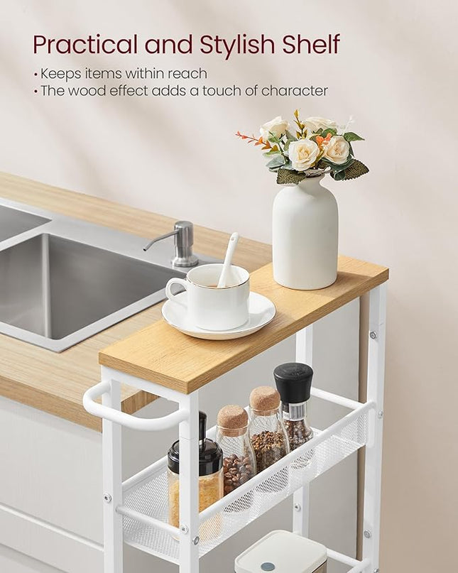 VASAGLE Slim Rolling Cart, 5-Tier Storage Cart, Narrow Cart with Handle, 5.1 Inches Deep, Metal Frame, for Kitchen, Dining Room, Living Room, Home Office, Oak Beige and White ULRC034W09 - LeafyLoom