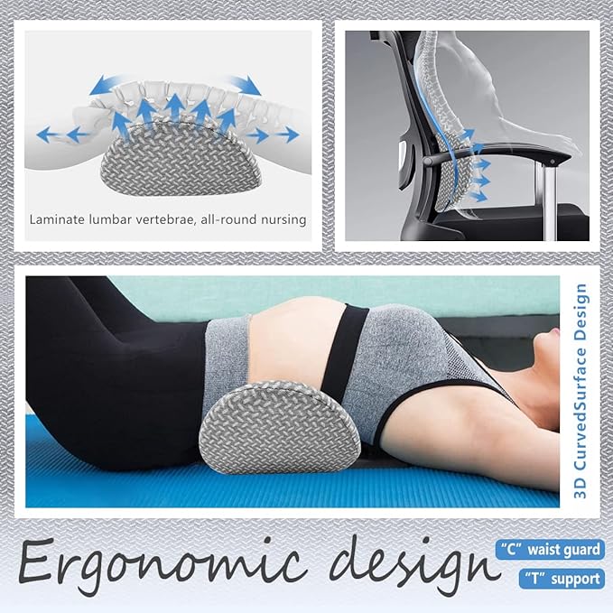 Lumbar Support Pillow - Memory Foam for Low Back Pain Relief, Ergonomic Streamline Car Seat, Office Chair, Recliner and Bed (Light Grey) - LeafyLoom