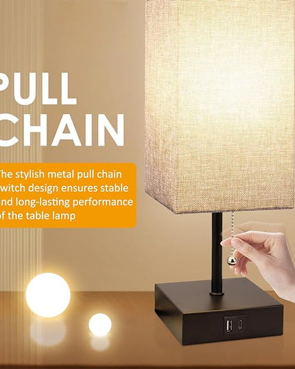Table Lamp for Bedroom with USB A Port and C Port, Grey Bedside Lamp Night Stand Light Lamp with Square Fabric Shade, Small Lamp for Boys, with LED Bulb - LeafyLoom
