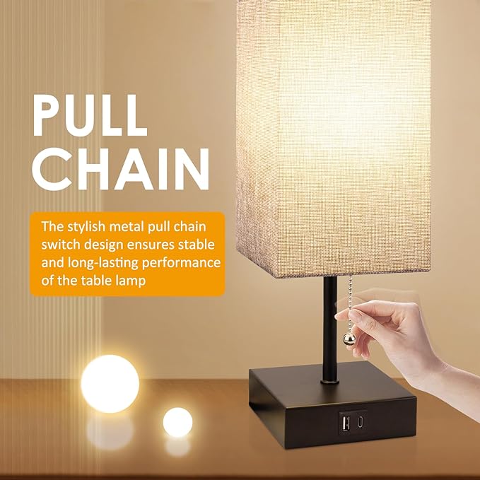 Table Lamp for Bedroom with USB A Port and C Port, Grey Bedside Lamp Night Stand Light Lamp with Square Fabric Shade, Small Lamp for Boys, with LED Bulb - LeafyLoom