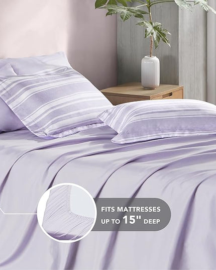 Codi Bed in a Bag Twin Size Complete Set, Lavender Purple Striped Single Comforter Set 5 Piece for Teen, Modern Neutral Cationic Dyeing Bed Sets with Comforter, Sheets, Pillowcases & Shams - LeafyLoom