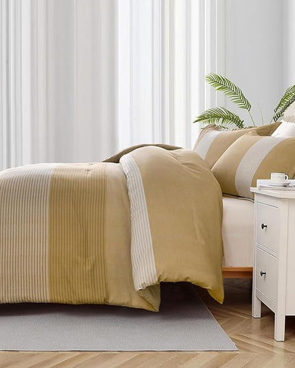 WONGS BEDDING Comforter Set Queen, Reversible Yellow Striped Patchwork Down Alternative Comforter for Queen Bed,3 Pieces (1 Comforter+2 Pillowcases), Soft Microfiber Bedding Set 90"×90" - LeafyLoom