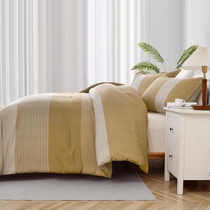 WONGS BEDDING Comforter Set Queen, Reversible Yellow Striped Patchwork Down Alternative Comforter for Queen Bed,3 Pieces (1 Comforter+2 Pillowcases), Soft Microfiber Bedding Set 90"×90" - LeafyLoom