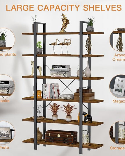 FRAPOW Bookshelf, 6 Tier Book Shelf 83Inch Tall Bookcase, Industrial Large Bookshelves Rustic Book Case with Open Metal Frame for Office, Bedroom, Farmhouse, Living Room - LeafyLoom
