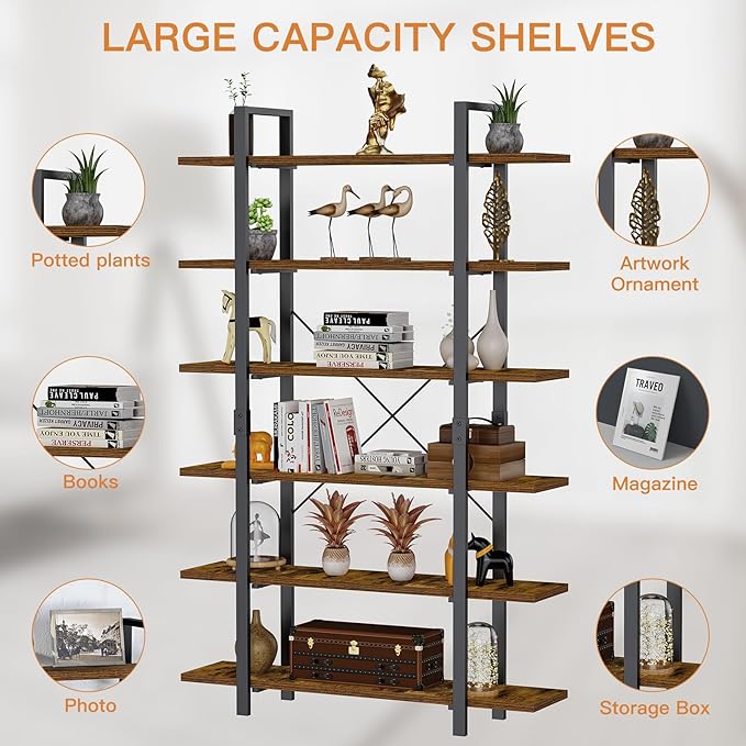 FRAPOW Bookshelf, 6 Tier Book Shelf 83Inch Tall Bookcase, Industrial Large Bookshelves Rustic Book Case with Open Metal Frame for Office, Bedroom, Farmhouse, Living Room - LeafyLoom