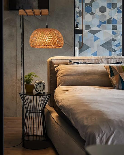 Industrial Tall Floor Lamp for Living Room Bamboo Lampshade, Black Lights Fixtures with Cord On/Off Switch E26 Base Industrial Modern Wire Wood Decoration Standing Lamp for Bedroom (No Bulb) - LeafyLoom